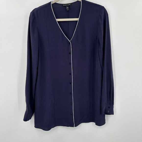 Eileen Fisher Purple Button Front White Trim 100% Silk Long Sleeve Blouse Sz S/P - Picture 3 of 5